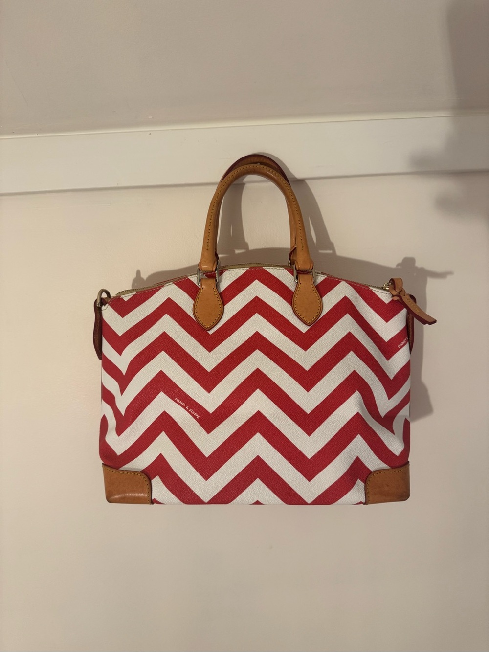 Dooney & Bourke Red and White Chevron Satchel with Tan Trim - Picture 2 of 10